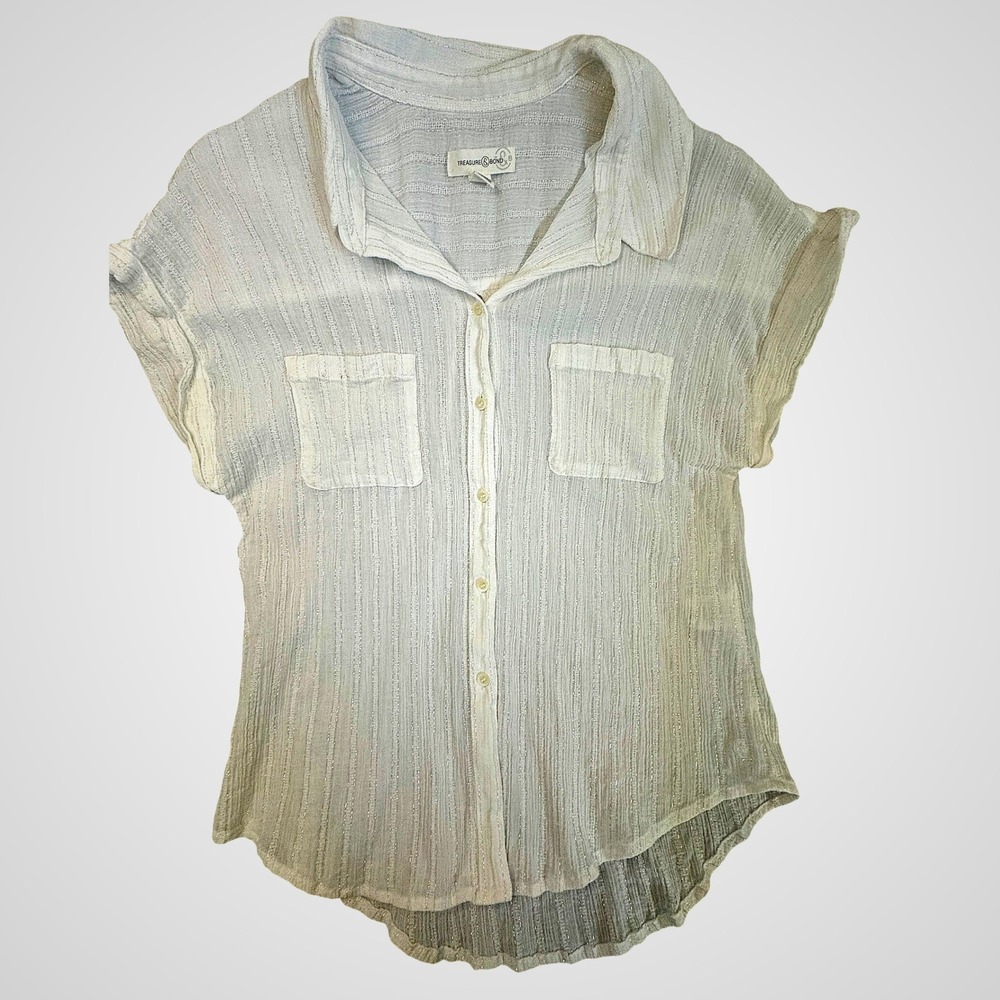 Treasure &‎ Bond White Metallic Stripe Gauze Button Down Shirt Womens Medium
